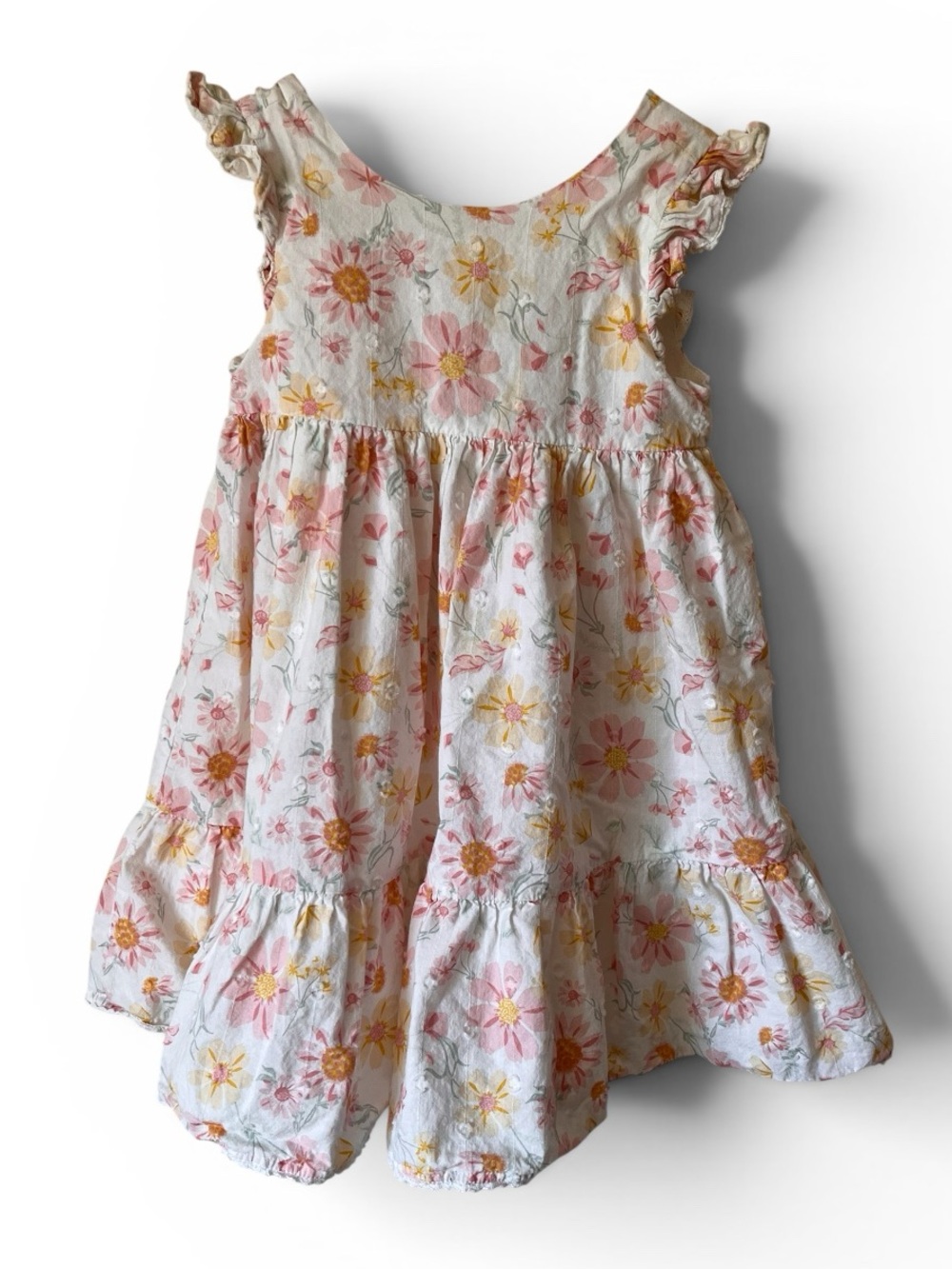 5T Organic Cotton Shabby Chic White Floral Dress with Pink & Yellow Blossoms